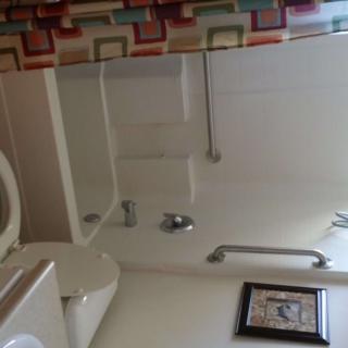 A bathroom featuring a shower area with a colorful curtain, toilet, grab bar, and a framed picture on the wall.
