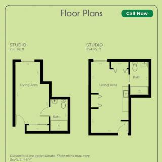 Floor plans for a studio and one-bedroom apartment.
