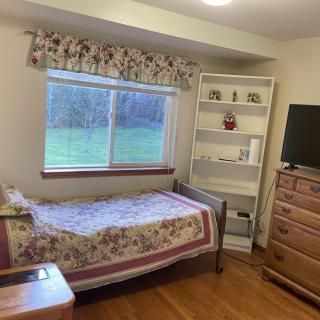 A cozy bedroom with a single bed, shelf, dresser, and a window overlooking greenery.