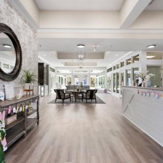 Modern lobby with stylish decor and inviting atmosphere.
