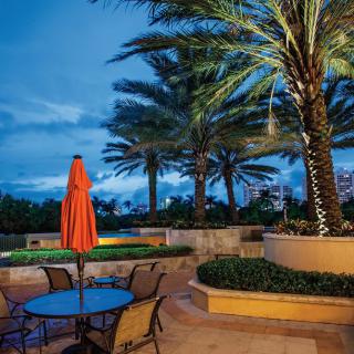 A tranquil evening scene with outdoor seating under palm trees on a patio.