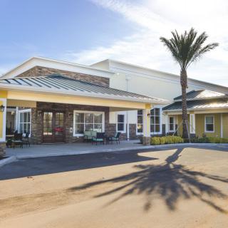 A sunny view of a building entrance with a palm tree casting a shadow.
