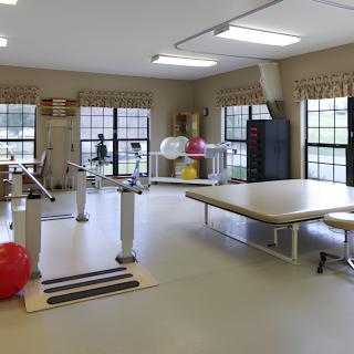 A well-equipped rehabilitation room with various physical therapy equipment, including a therapy table and gym balls, set in a bright space with large windows.