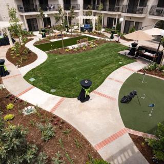 A well-maintained courtyard featuring a lush green lawn and winding pathways.