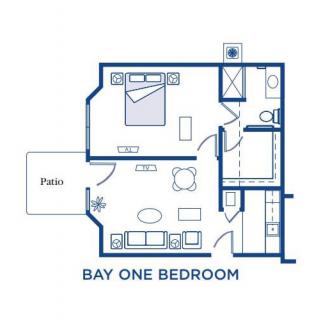 One-bedroom apartment floor plan with patio.