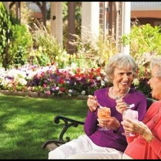 Two elderly women enjoying ice cream together in a beautiful garden.