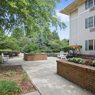 A serene patio area with lush greenery and comfortable seating.