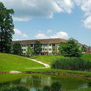 A serene view of an apartment building beside a calm pond, surrounded by lush greenery and a blue sky.