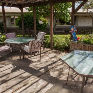 A serene outdoor patio area with tables and chairs under a wooden pergola, surrounded by greenery in a garden.