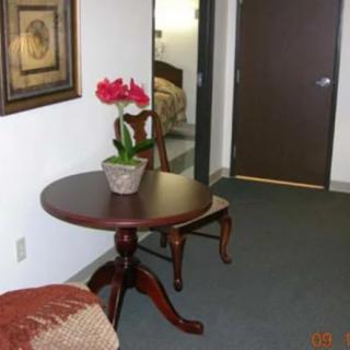 A cozy interior space featuring a wooden table with a flower pot, accompanied by a chair and wall decor.