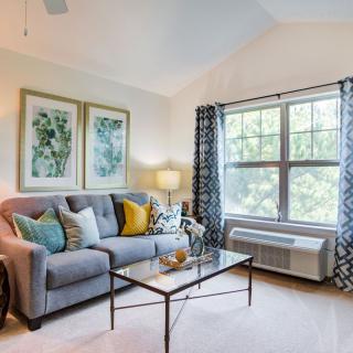 A cozy living room featuring a gray couch adorned with colorful pillows, a glass coffee table, and decorative artwork on the wall. Light flows through the window with patterned curtains.