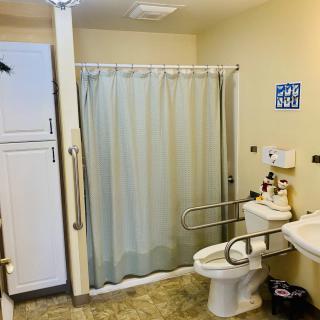 An accessible bathroom with grab bars, a shower curtain, and a toilet.