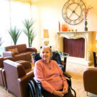 An elderly person sitting in a wheelchair in a comfortable living room with elegant decor.