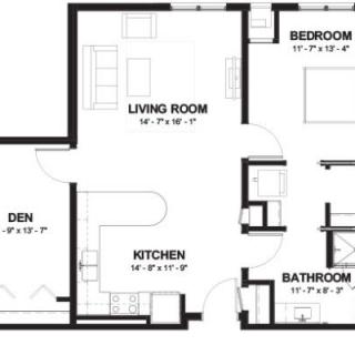 A detailed floor plan of an apartment featuring a living room, kitchen, den, bathroom, and bedroom.