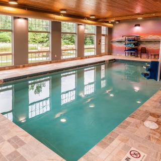 An indoor swimming pool with large windows and a wooden ceiling.