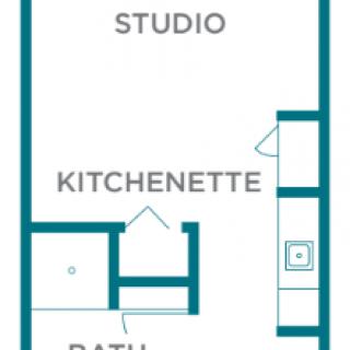 Studio apartment floor plan with kitchenette and bath.