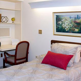 A cozy bedroom with a single bed, desk, and elegant decor.
