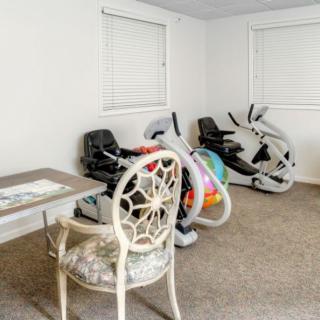 A home exercise room with stationary bikes and a decorative chair.