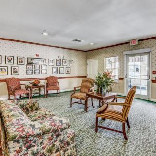 A cozy waiting room with chairs, a sofa, framed pictures on the walls, and a plant centerpiece.