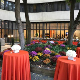 A vibrant outdoor setting featuring colorful flower beds and neatly arranged tables, perfect for an event.