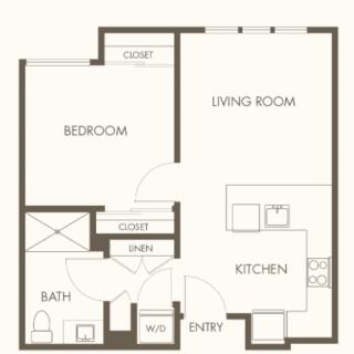 A floor plan of a one-bedroom apartment featuring a living room, kitchen, bathroom, and closet.