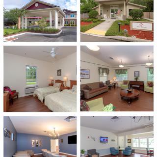 A collage of images showing the exterior and interior of a nursing home, including common areas, bedrooms, and dining spaces.