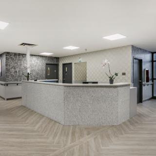 A modern reception area featuring sleek design and a welcoming atmosphere.