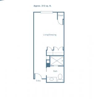 A floor plan of an apartment showing a living area, kitchen, and bathroom layout.