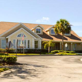 A suburban house with a palm tree and driveway on a sunny day.