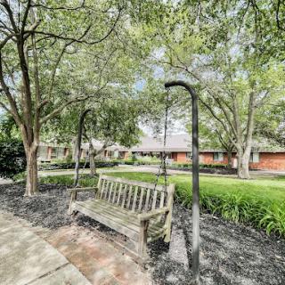 A peaceful park scene featuring a wooden bench surrounded by lush trees and greenery.