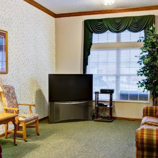 A cozy living room with a television, seating furniture, and an indoor plant by the window.
