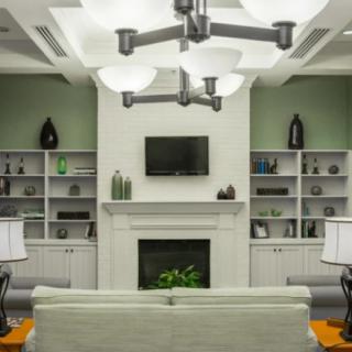 A modern living room featuring a central fireplace, built-in shelves, and a contemporary lighting fixture.