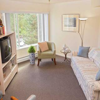 A cozy living room with a sofa, chair, television, and large window.