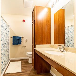 A modern bathroom with a wooden cabinet, large mirror, and floral shower curtain.