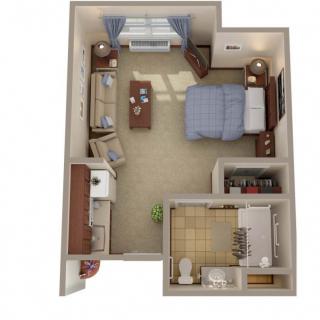 A 3D floor plan of a studio apartment with a bedroom, living area, kitchen, and bathroom.
