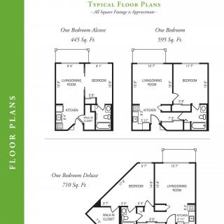 A typical floor plan layout showing one-bedroom and two-bedroom apartment designs with respective square footage.