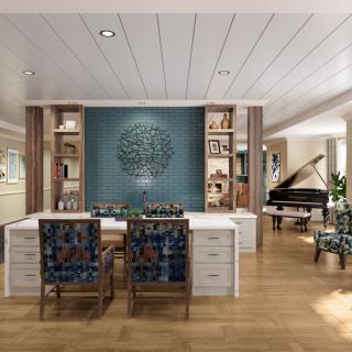 A stylish home office with a large desk, decorative wall panel, and grand piano in the background.