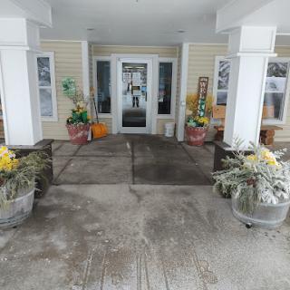 A welcoming entrance adorned with colorful planters and flowers.