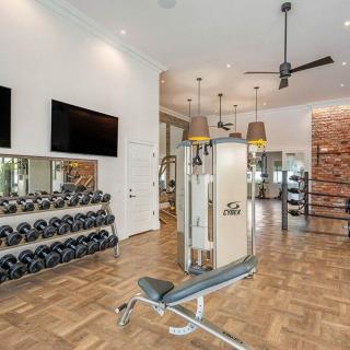 A modern gym equipped with various exercise machines and free weights.