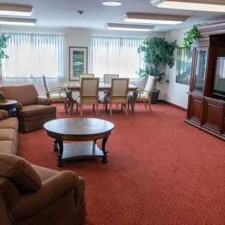 A spacious living room with comfortable seating, a large television, and decorative plants.
