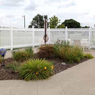 A peaceful garden area featuring various plants and flowers, enclosed by a white fence.