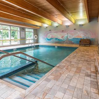 An inviting indoor swimming pool with a wooden ceiling and tiled flooring, perfect for relaxation and exercise.