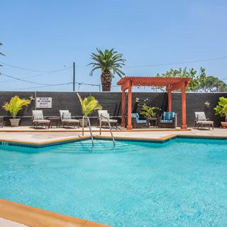 An inviting outdoor swimming pool area with lounge chairs and a pergola, surrounded by tropical plants.