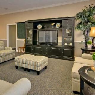 A cozy living room with a television, sofas, and decorative elements.