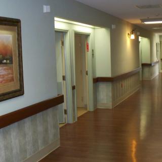 A well-lit hallway with wooden flooring, featuring several doors and a framed painting on the wall.