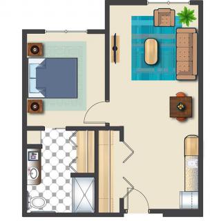 A simple floor plan showing the layout of a small apartment with a bedroom, living room, kitchen, and bathroom.