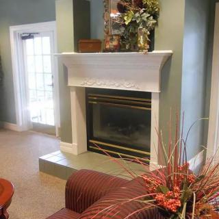 A cozy living room with a central fireplace and stylish decor.