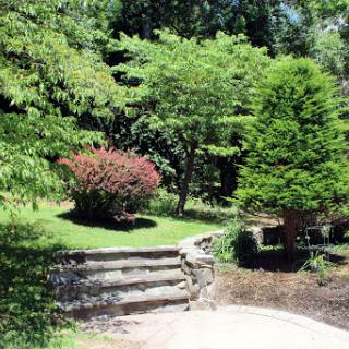 A serene garden scene featuring lush greenery and a tranquil pathway.