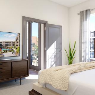 A modern, minimalist bedroom with a TV, dresser, and a plant next to a balcony.