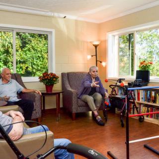 A group of elderly people engaged in conversation in a cozy living room setting.